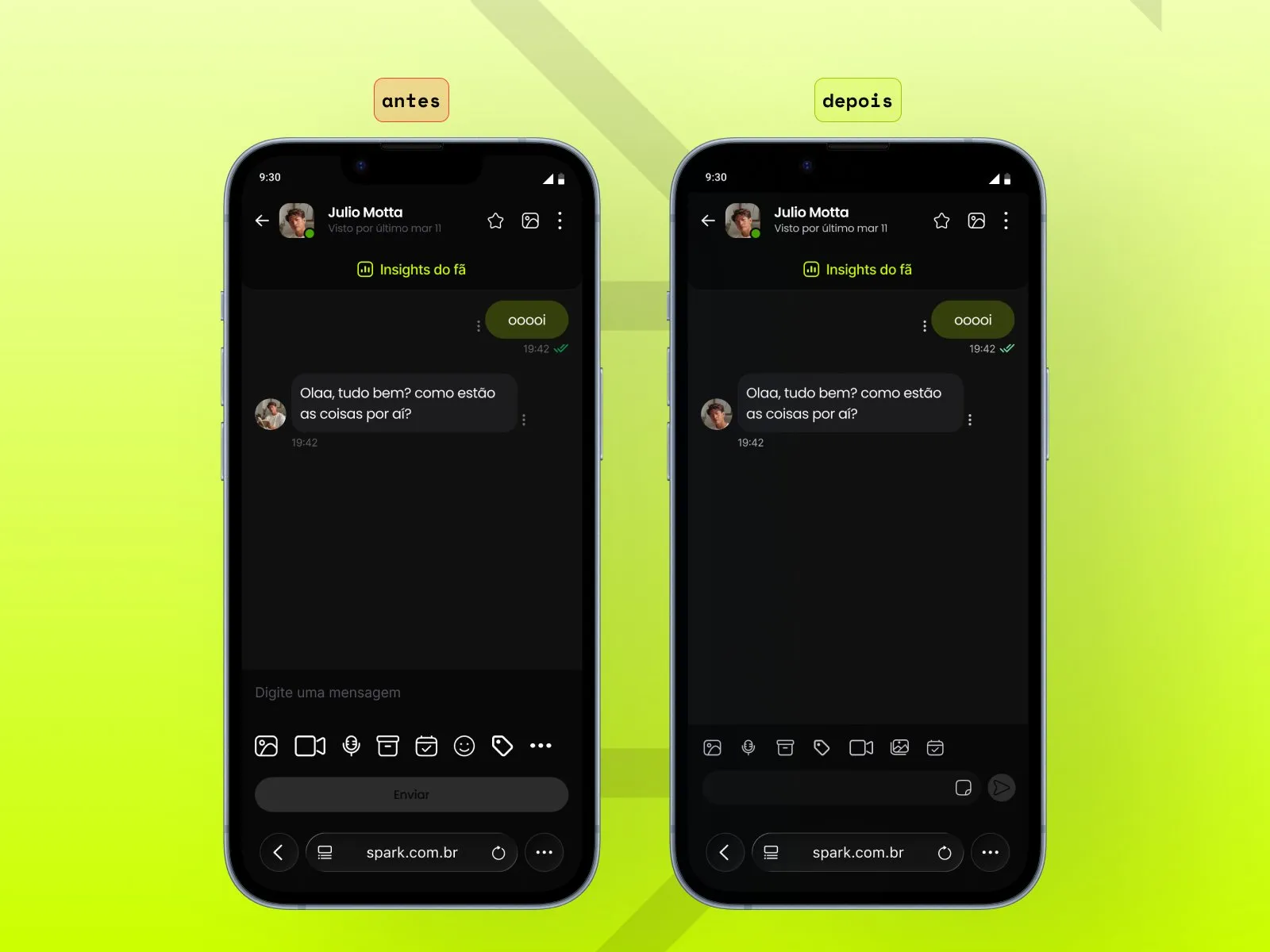 Toolbar redesenhada — comparativo Creator e Assinante